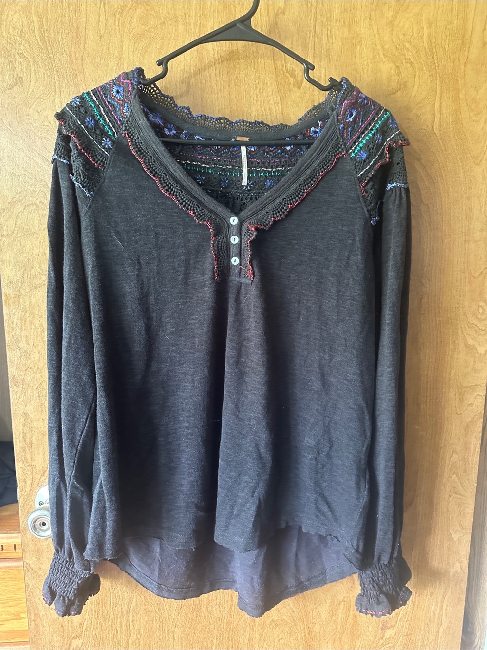 Free People Black Long Sleeve Henley with Multicolor Embroidered Trim